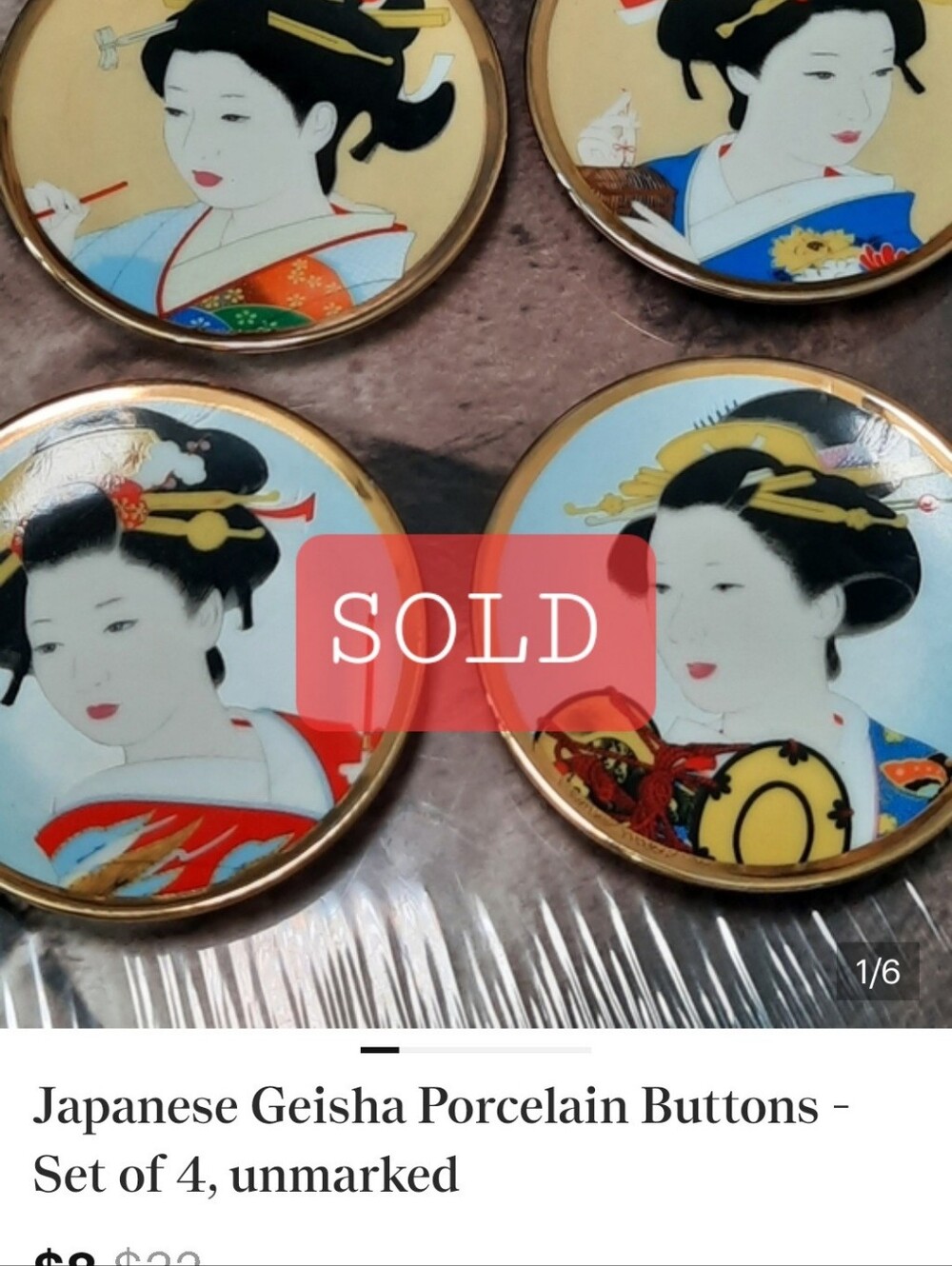 Japanese Geisha Porcelain Buttons - Set of 4, unmarked